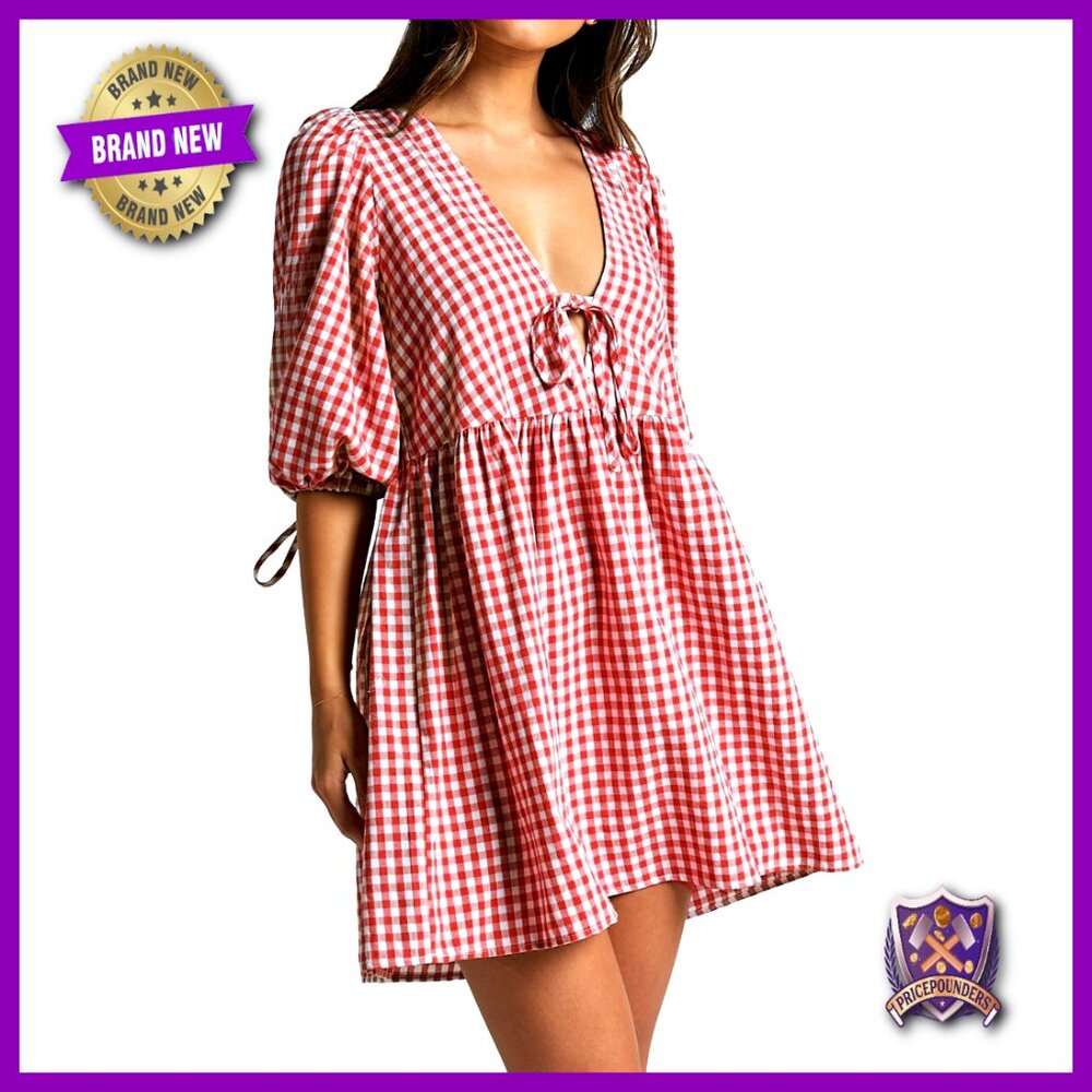 Puff Sleeve Tie Front Babydoll Mini Dress Y2K Retro Chic Casual Swingy A-Line